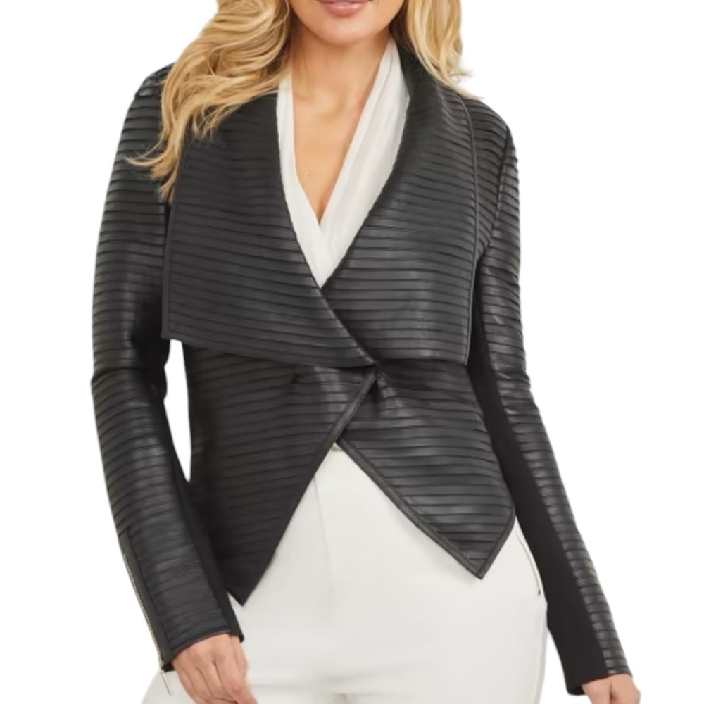 Black Leather Ribbed Draped Jacket - Womens
